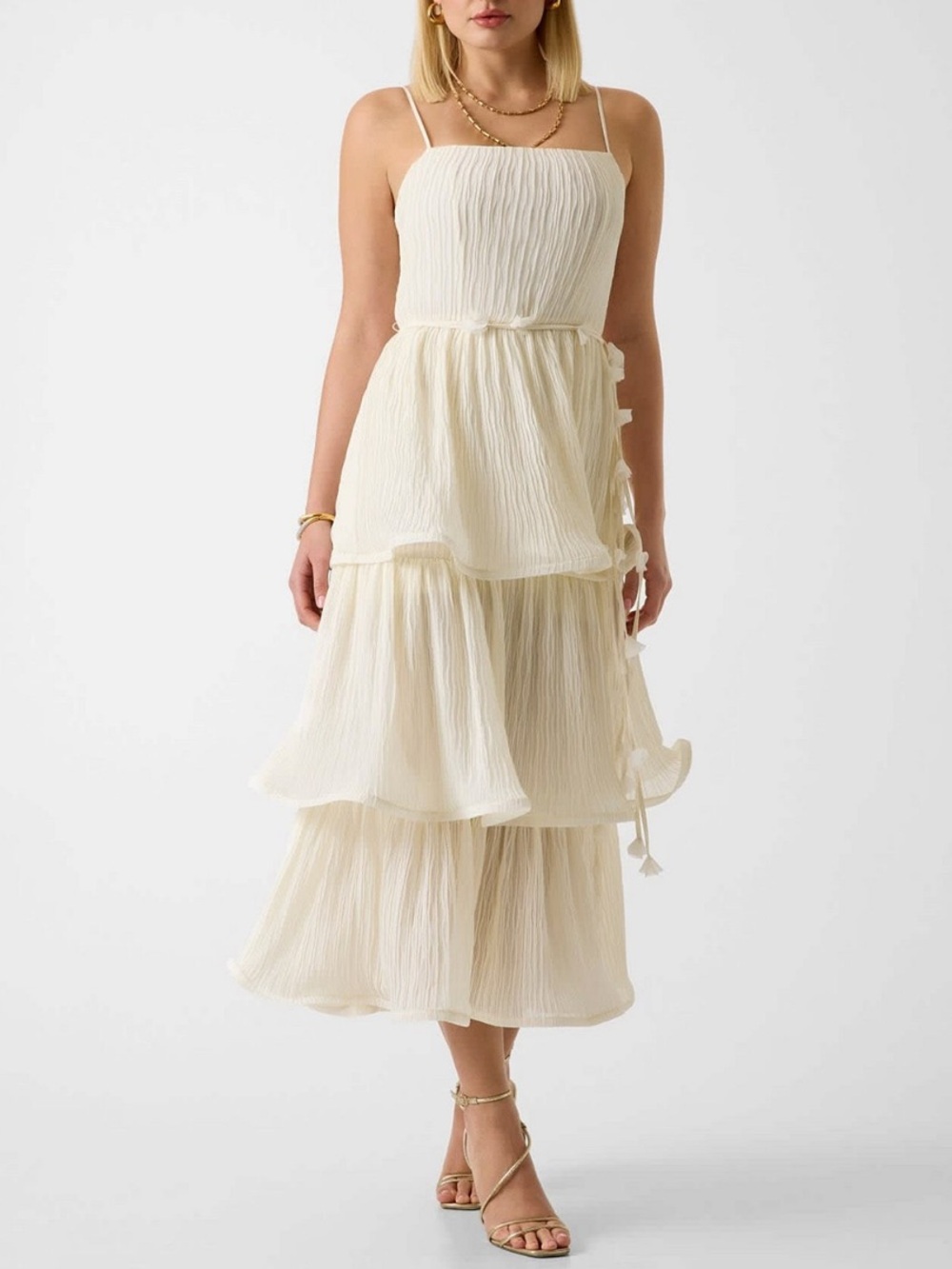 GUESS Alessia Square Neck Tiered Chiffon Midi Dress